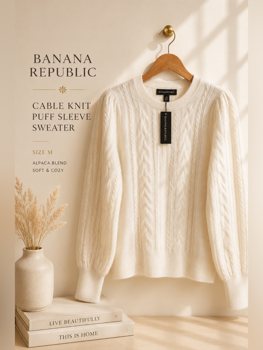 Banana Republic Cable Knit Alpaca Blend Puff Sleeve Sweater Ivory Medium NWT